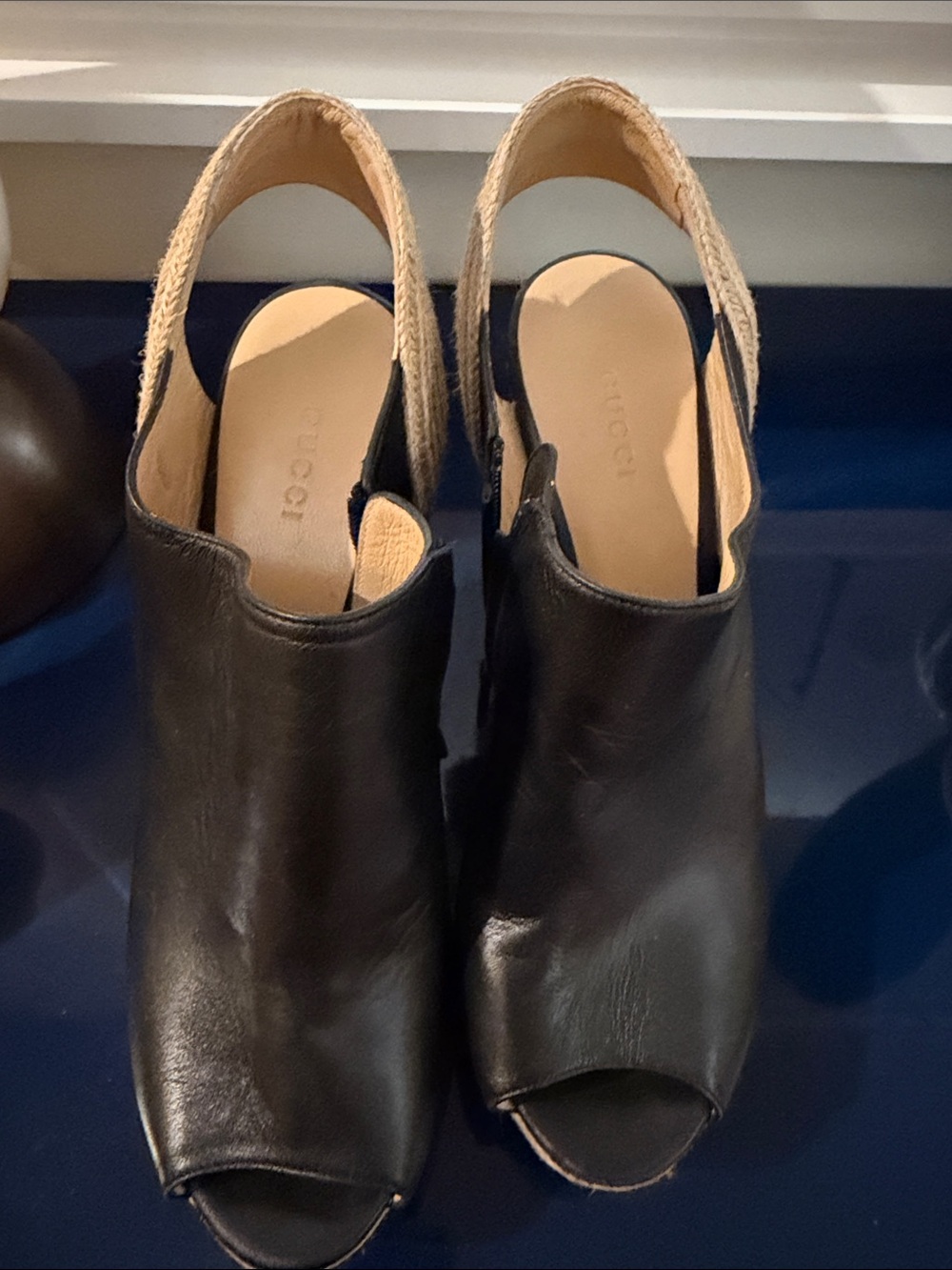 Gucci Black Leather Peep-Toe Slingback Mules